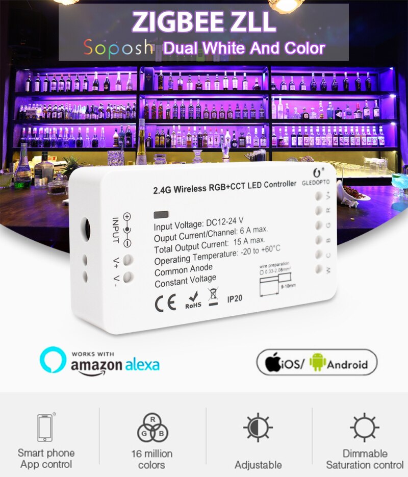 GLEDOPTO Zigbee Zll Smart Home DC12V-24V RGBW Dimming Light Strip Controller Compatible With ECHO Plus Smartthings Hub Led Strip: 2 ID RGBW