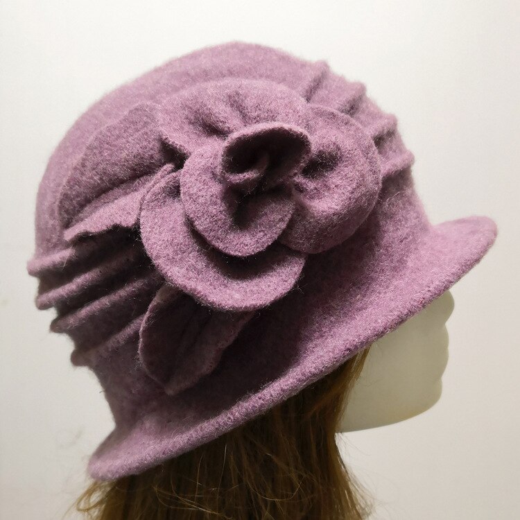 Kvinders fedora hat dame uld blomsterhat vinter vintage cloche bøttekasket kvinde fest hovedbeklædning chapeau femme: Lilla