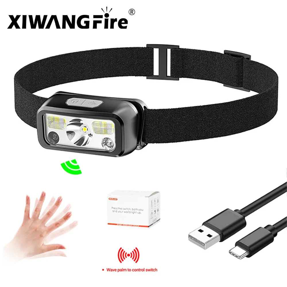 LED Motion Sensor Headlamp USB Rechargeable Headlight Outdoor Waterproof Headlight Camping Tools Fishing Head flashlight Lantern: Yellow