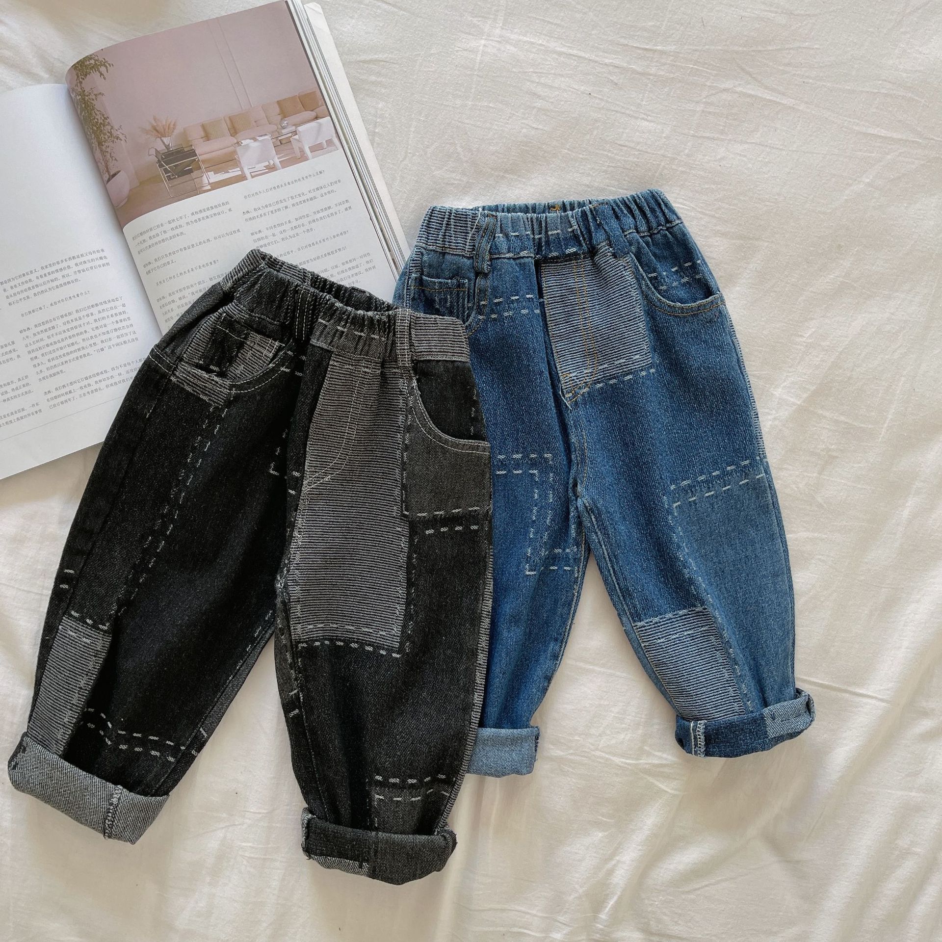 Children's Jeans Autumn Girls and Boys Personality Line Patchwork Color Jeans Casual Pants