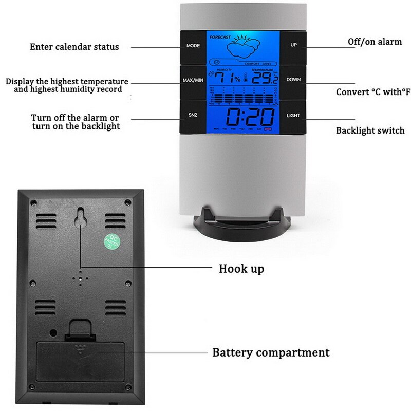 Junejour thermometer hygrometer weerstation klok kamertemperatuur en vochtigheidsmeter op batterijen