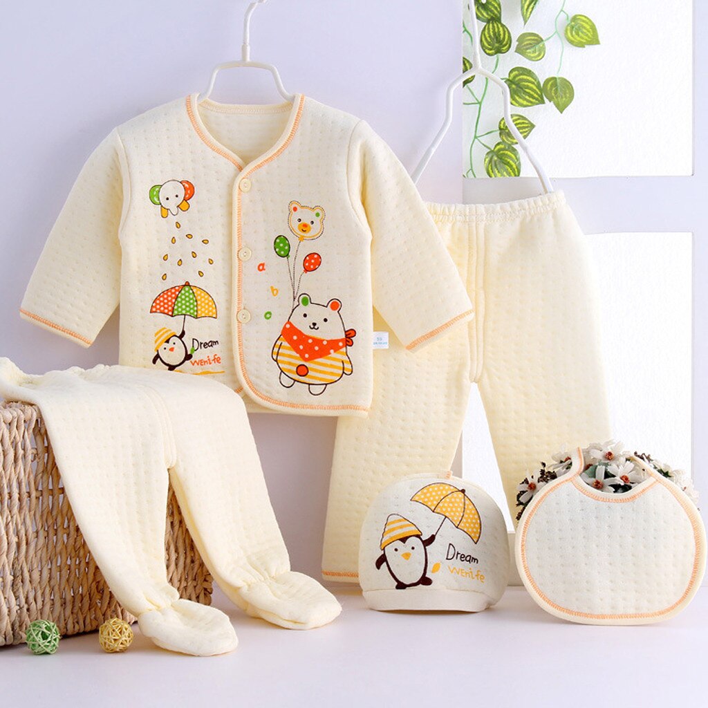 Ensemble de vêtements pour -né garçon et fille, 5 pièces, imprimé hérisson de dessin animé, haut à manches longues, pantalon, chapeau, bavoir, tenue pour enfants, pour -né: I(5PCS)