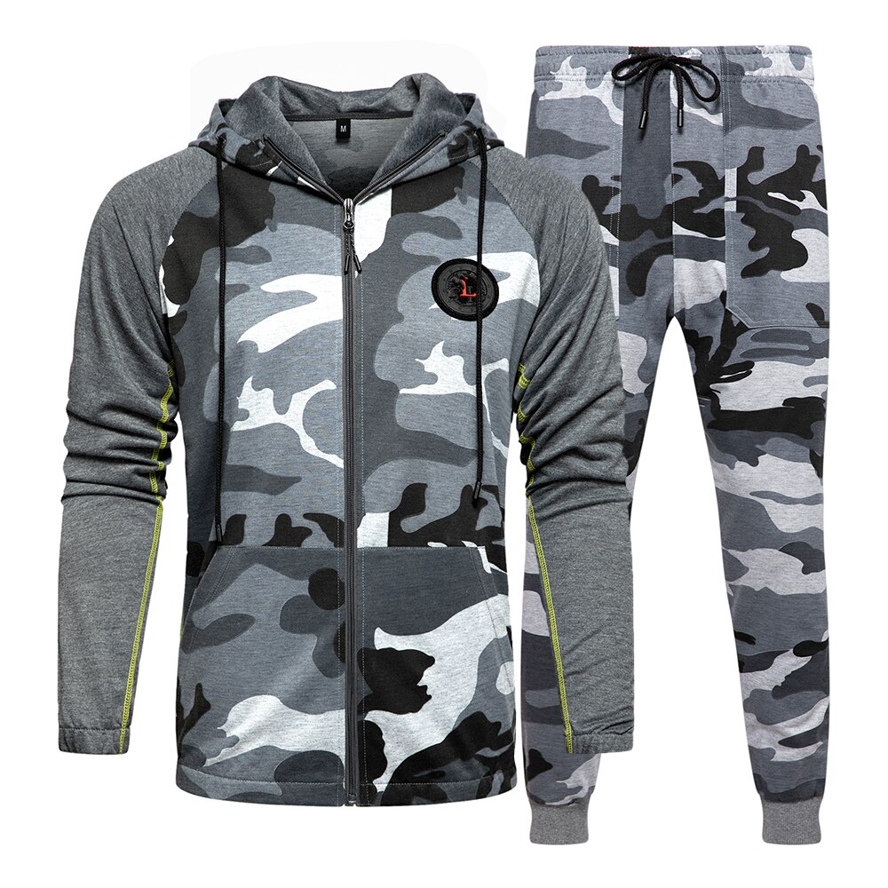 2 stück setzt Camo Jacke + Hosen anzug Männer Herbst sportlich Kleidung Trainingsanzug Mit Kapuze Oberbekleidung Hoodie Fitness Sweatshirts: grau camo / M