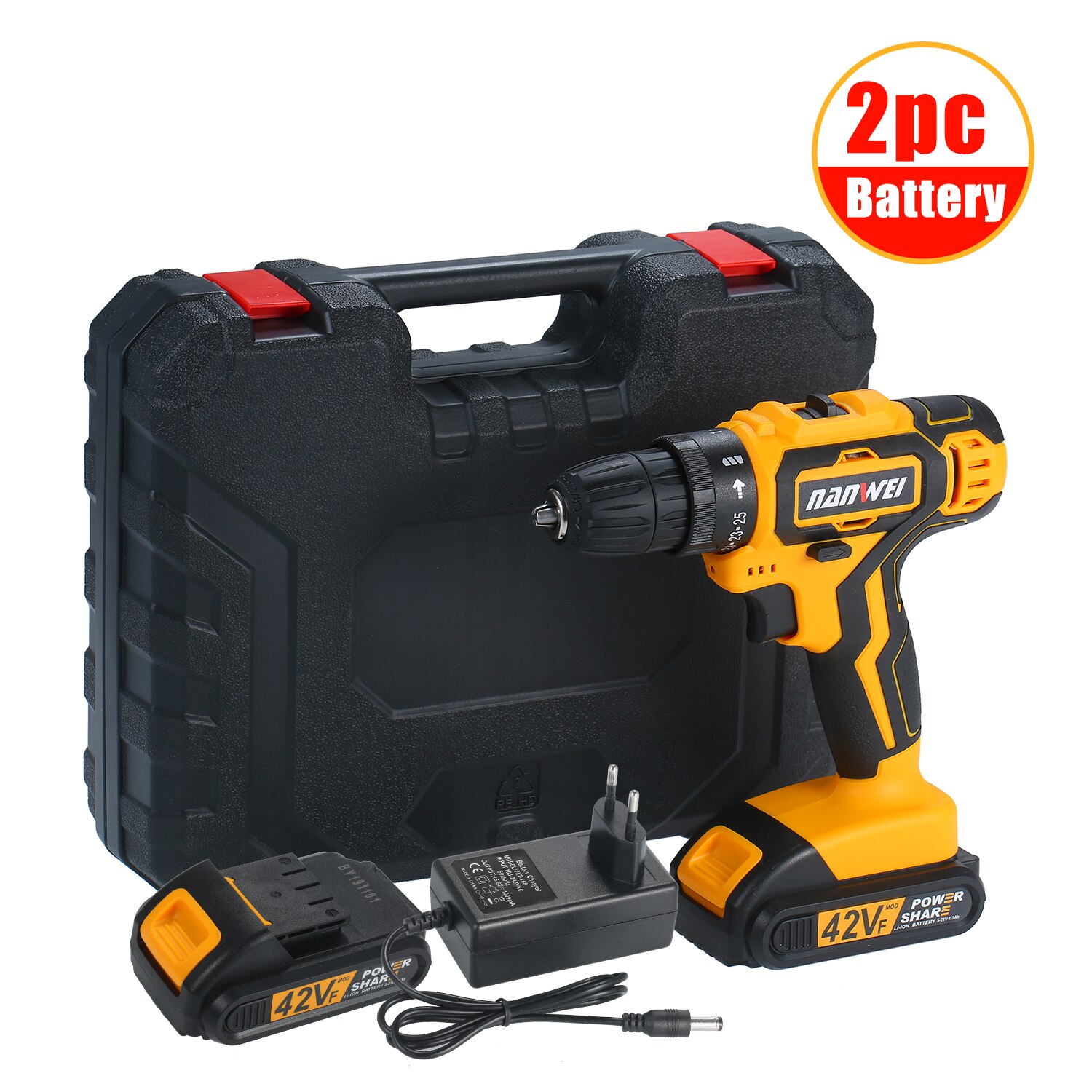 2-Speed Cordless Drill Driver Li-ion Battery Fast Charger 25+1 Clutch Max 35Nm Torque Variable Speed with LED Light Drilling: Two battery set / US