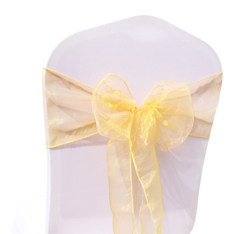 50 st/lot skirt band organza bröllopsdekorationer stol skärp skärp knut stolsöverdrag rosett band slipsar stolar dekoration tillbehör: Guld-