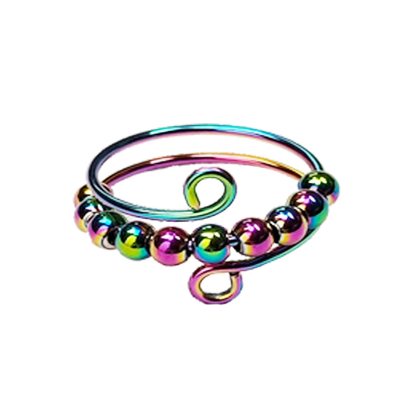 Trendy Rainbow Anxiety Rings Adjustable Stainless Steel Fidget Rotate Bead Anti Stress Relief Finger Ring Jewelry For Women: dark blue