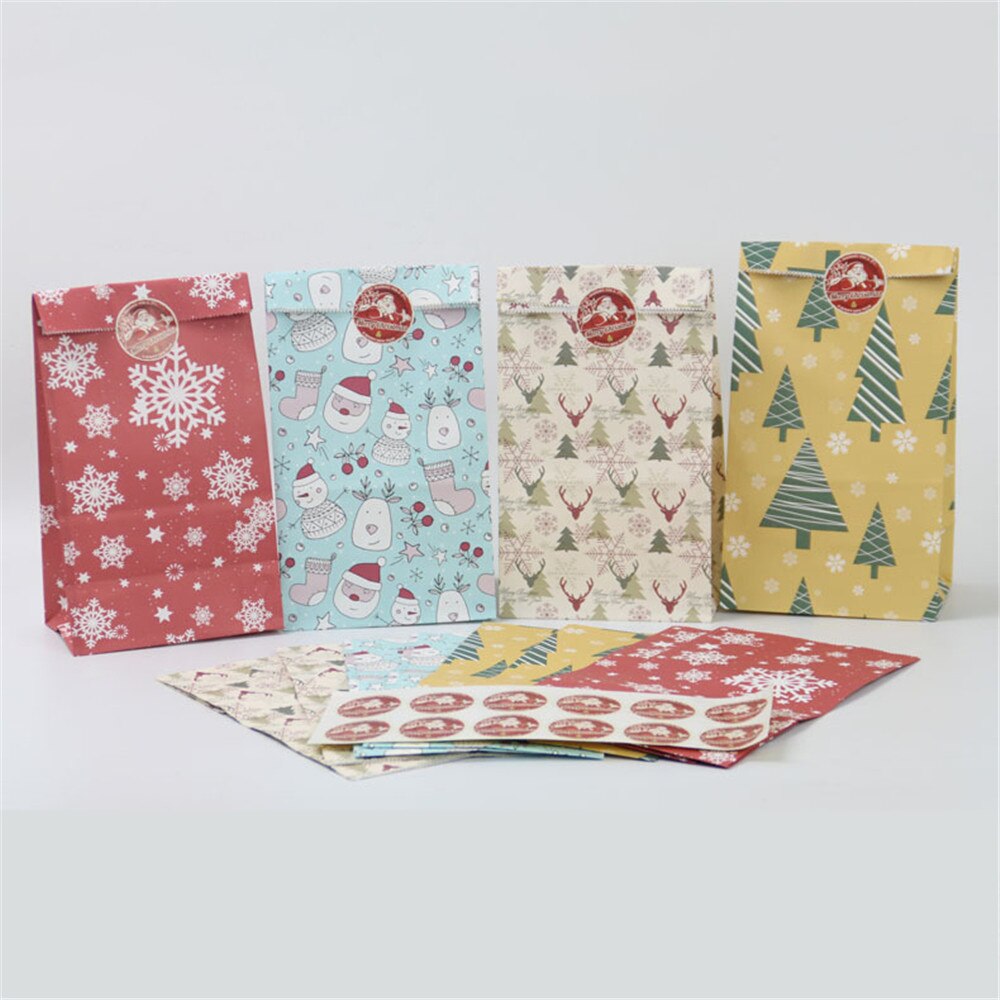 24pcs Snowflake Merry Christmas Paper Bag Snowman Christmas Tree Food Cookie Packing Bag Birthday Party Favor Stand Bags