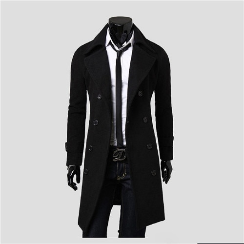 Män jacka varm vinter trenchcoat lång ytterkläder knapp överrock man casual vindjacka överrock jackor rockar ullblandningar: Svart / L