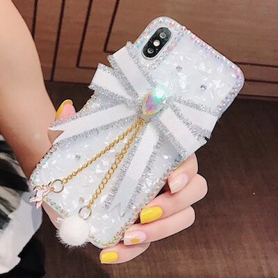 Cute Fresh Girl Rhinestone Bow Shell Phone Case Cover For iPhone 12 Mini Pro Max: For iPhone 12promax / white