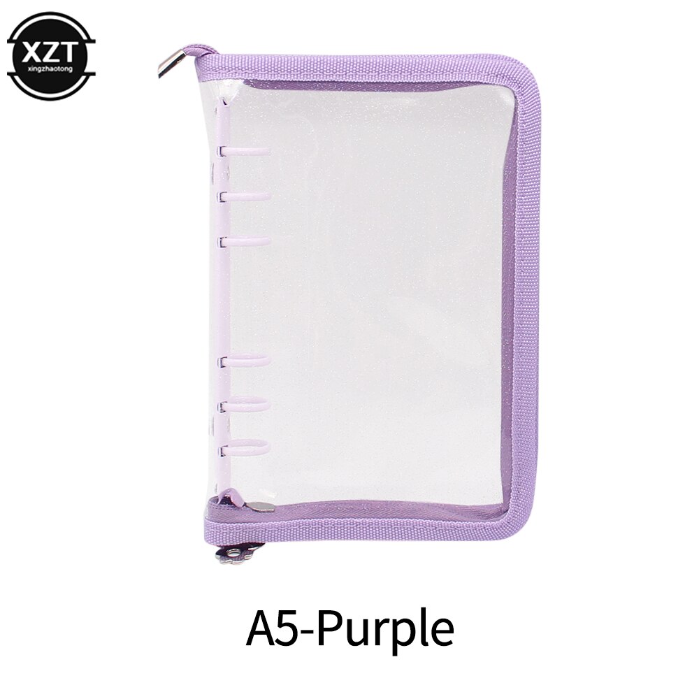 A5 A6 Loose-Leaf Notebook Cover Glitter Zipper PVC Notebook Korean Stationery Diary 6 Hole Binder Clip Notebook Office Planner: A5-PURPLE