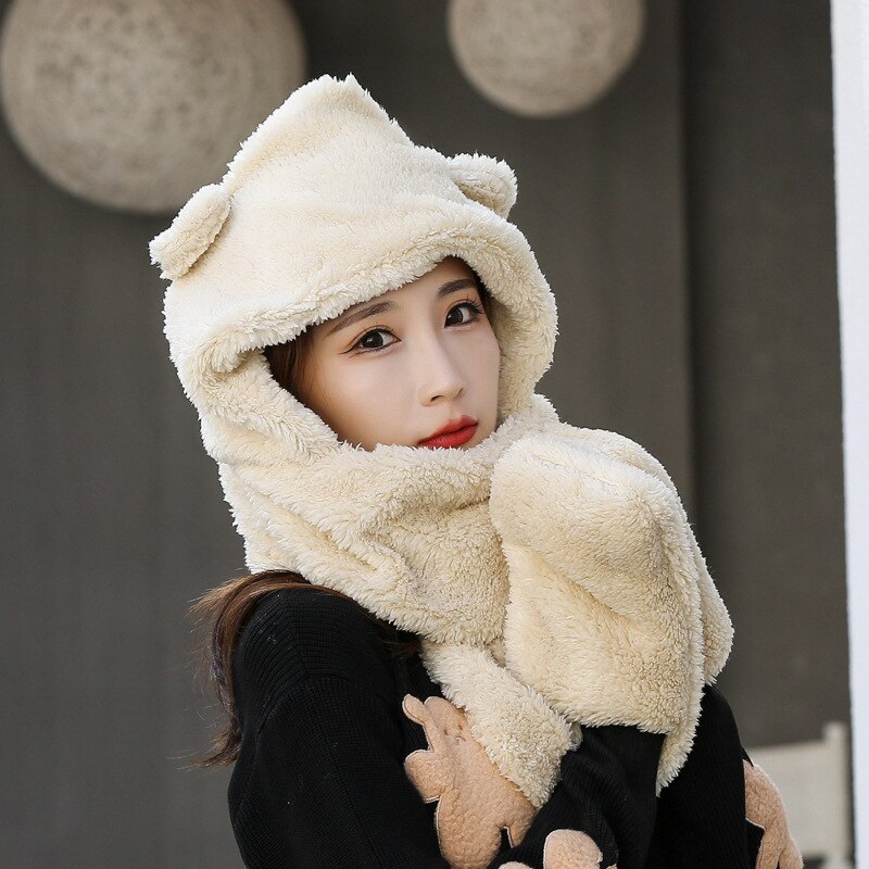 Women Cap Caps Warm Cute Bear Ear Hat Casual Plush Hat Scarf Set Casual Novelty Beanies Solid Winter WomenAC2164