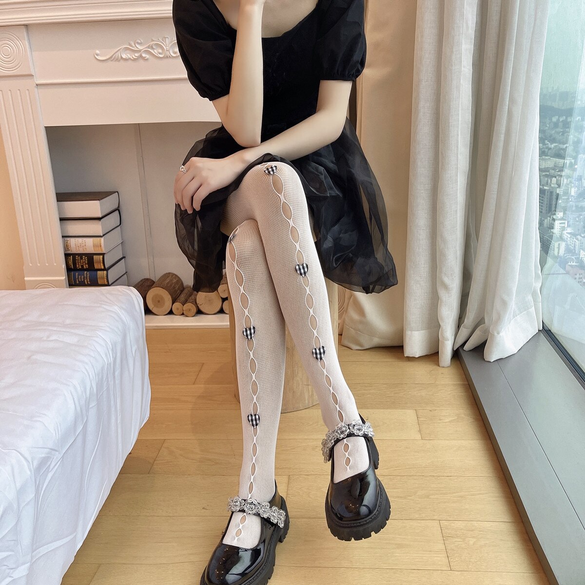Pantimedias caladas con lazo para mujer, medias finas de encaje, de seda, color blanco y negro, para verano y otoño, novedad de