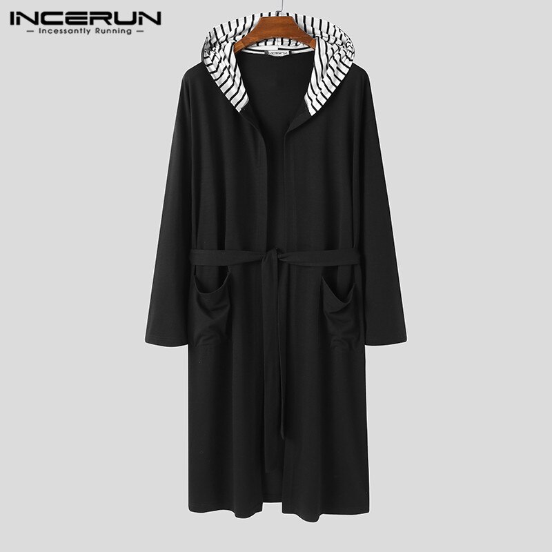 Long Sleeve Hooded Homewear Casual Pockets Comfy Bathrobe INCERUN Men Patchwork Sleep Robes Man Lace Up Nightgown 5XL 7