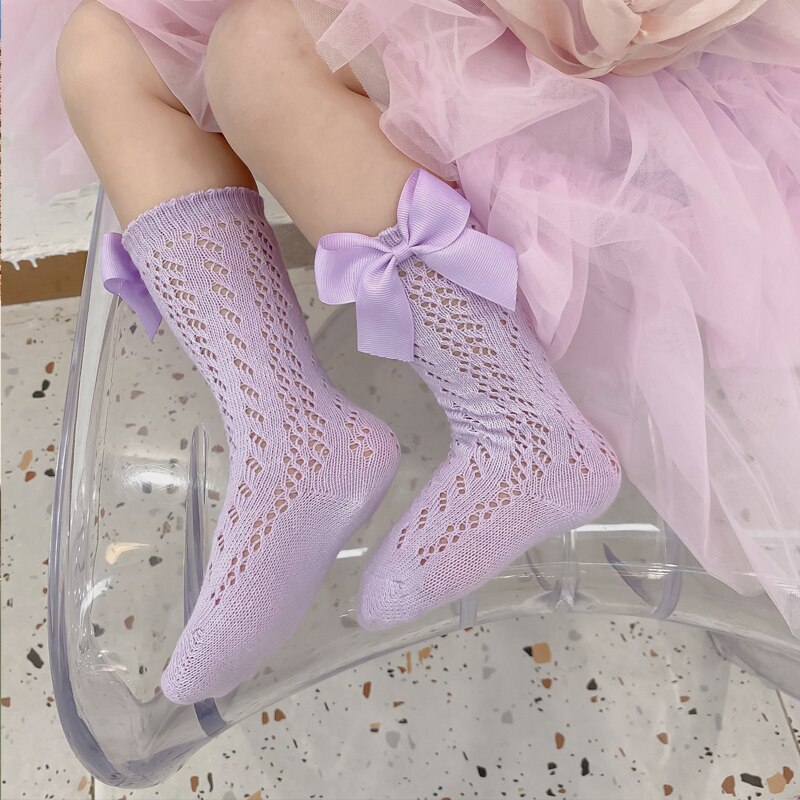 Summer Kids Socks With Bow Baby Girls Long Sock Knee High Cotton Hollow Out Toddlers Socks Mesh Children Princess Sock