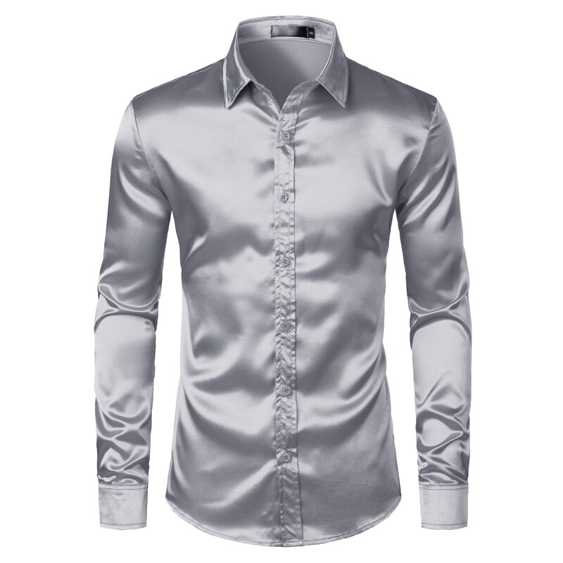 Chemise en satin noir pour homme, vêtement en soie lisse, coupe mince près du corps style smoking, idéal pour une fête décontractée, un mariage ou un bal, collection luxe: Sliver / US Size M