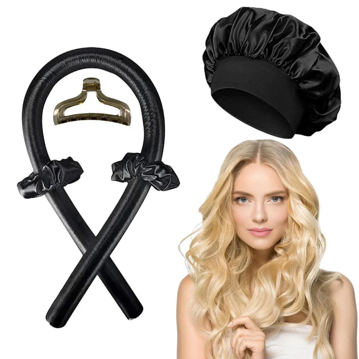 Haste de ondulação sem calor, faixa de cabelo sem calor, rolos de cabelo macios, cachos preguiçosos, gorro de cetim, touca noturna, ferramentas de estilo de cabelo: YELLOW