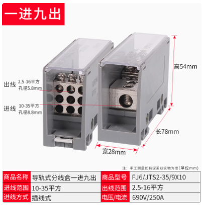 Fj6/ jts 2- skinne koblingsboks med flerbruksledning ,1 in parallell koblingsblokk for flere utganger til luftbryterboks: Grå