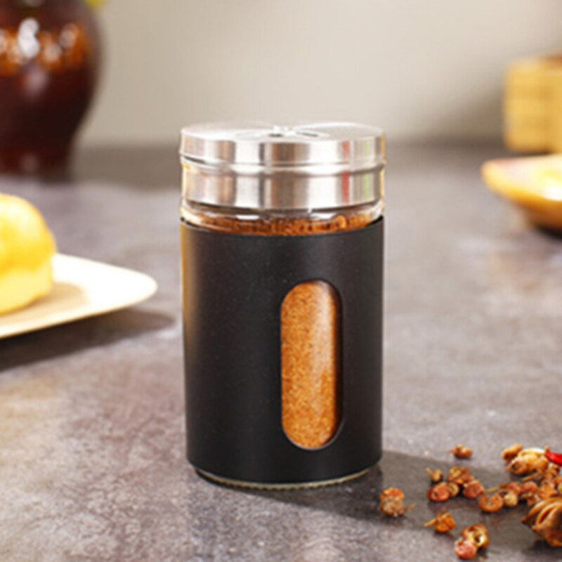 Rostfritt stål kryddburkar glas spridningsflaska grill krydda kruka peppar flaska tandpetare hållare salt shaker kök: Svart