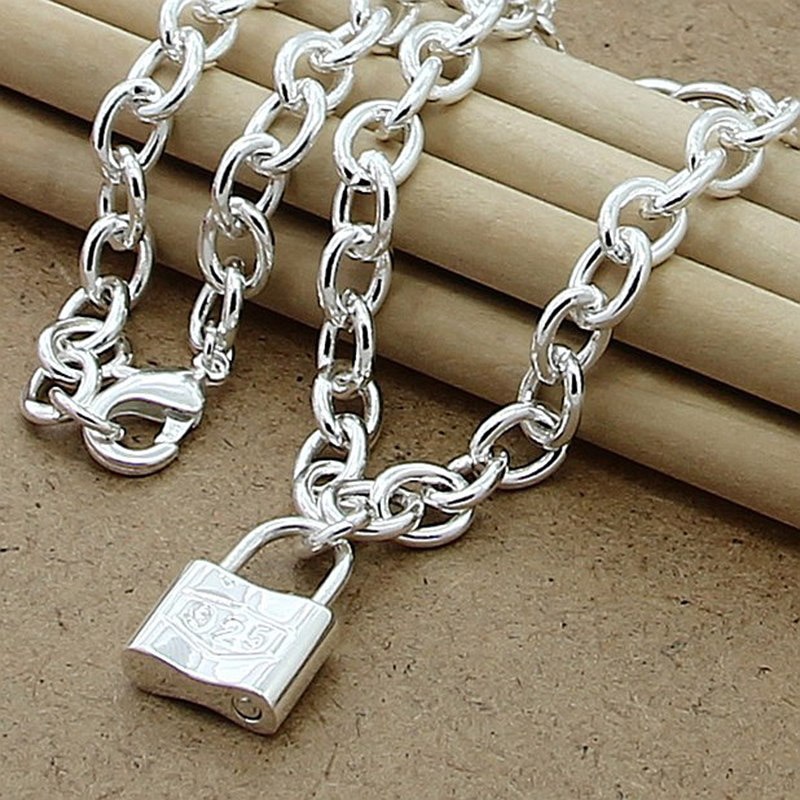 925 Silver Square Lock Pendant Necklaces Chain Women Men Charms Choker Necklace Jewelry