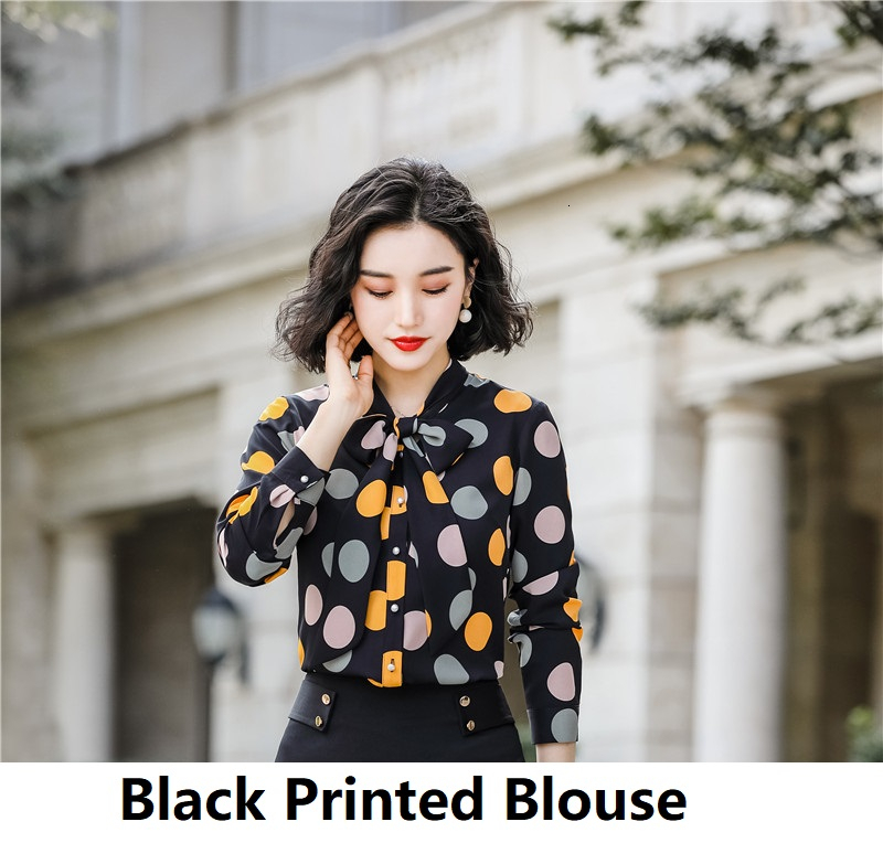 Gedrukt Lange Mouwen Blouses voor Vrouwen Kantoor Werkkleding Lente Herfst Shirts Blouse Blusas Tops Kleding met Vlinderdas: Black Printed / 4XL