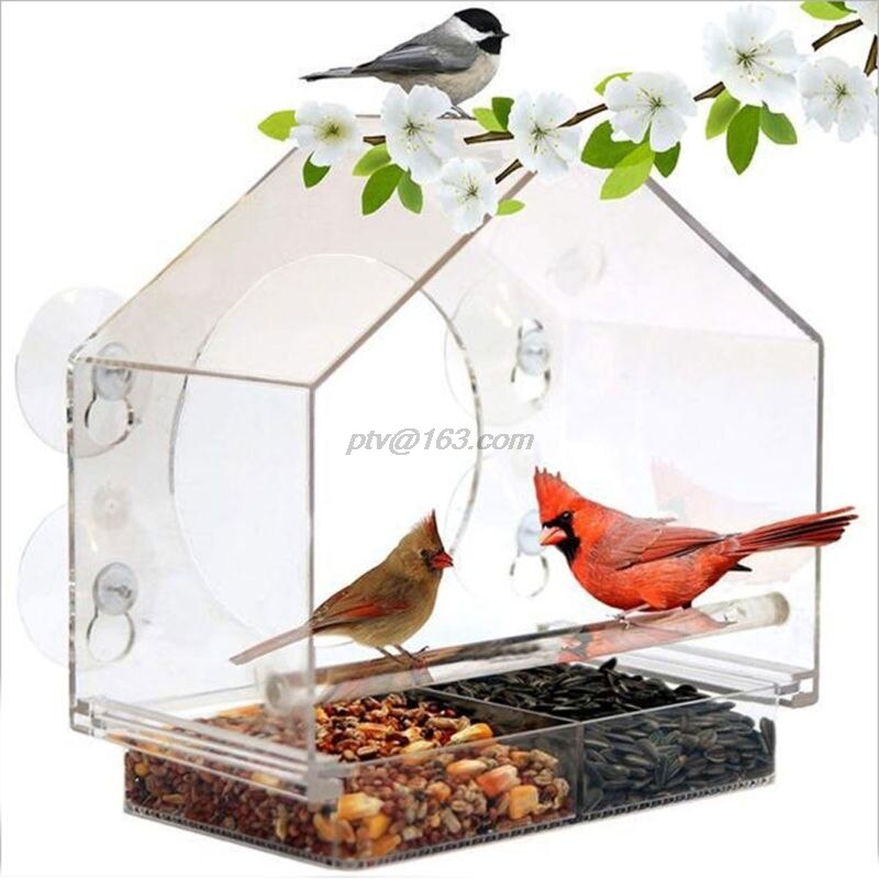 Window Bird Feeder - Refillable Sliding Tray - Weather Proof - Snow and Squirrel Resistant - Drains Rain Water: B