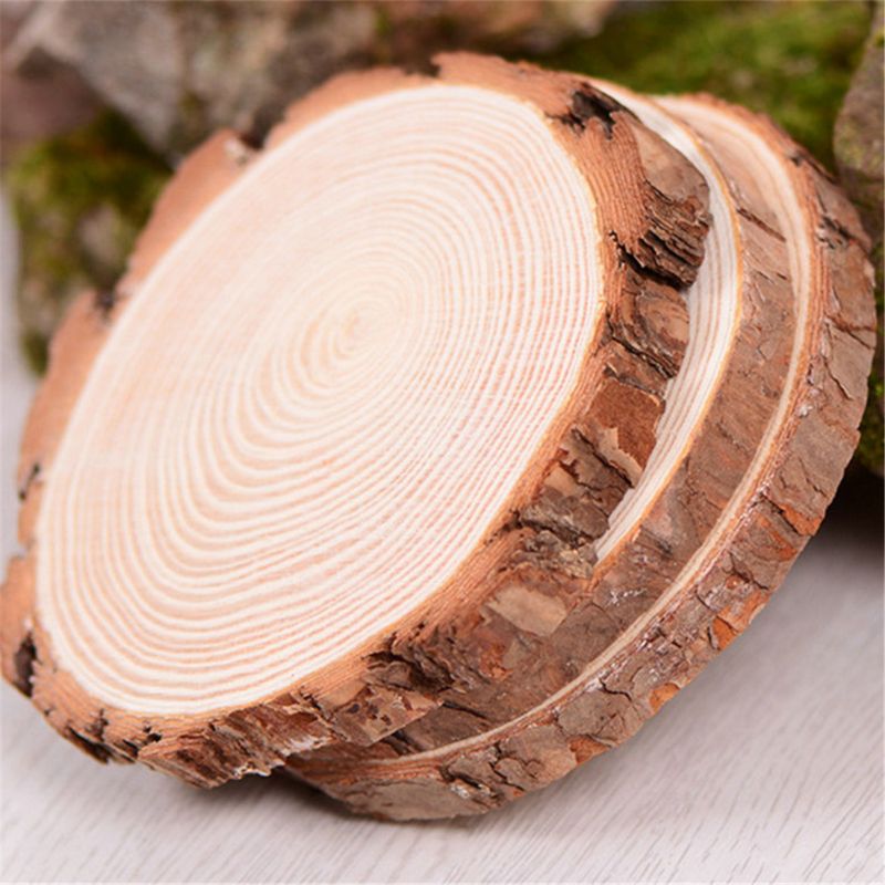 5pcs Unfinished Natural Round Wood Slices Circles With Tree Bark Log Discs T5EC