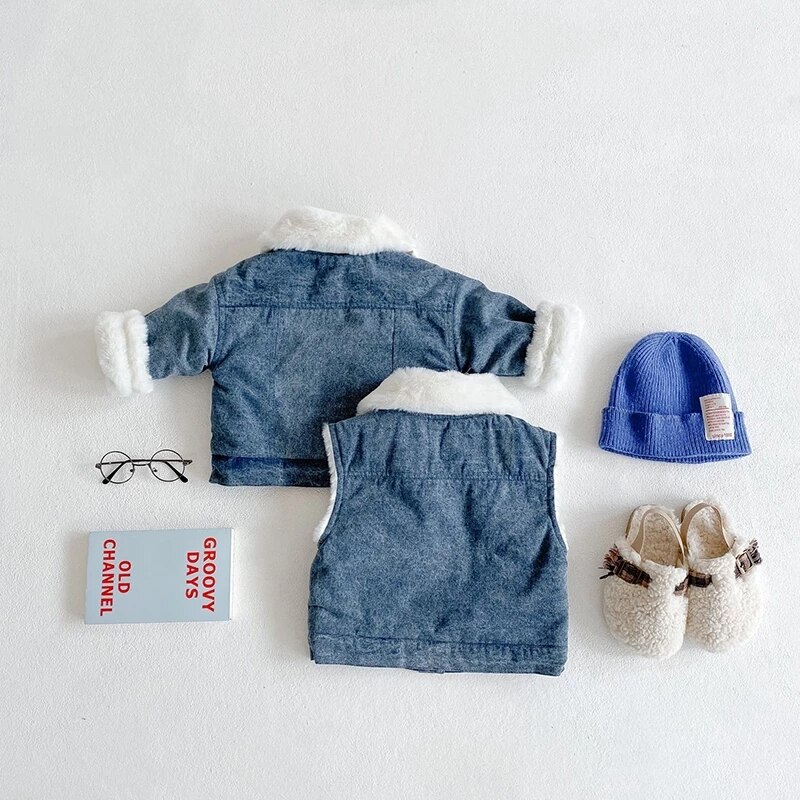 Casaco de bebê inverno engrossado colete da criança roupas do bebê primavera outono 2021 bebê menina menino denim jaqueta mangas compridas cardigan