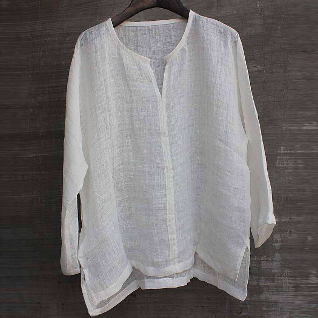 Linnen Mannen Grote Maten Heren Korte Ademend Comfy Effen Kleur Lange Mouwen Losse Casual Blouse Wit Overhemd Mannen
