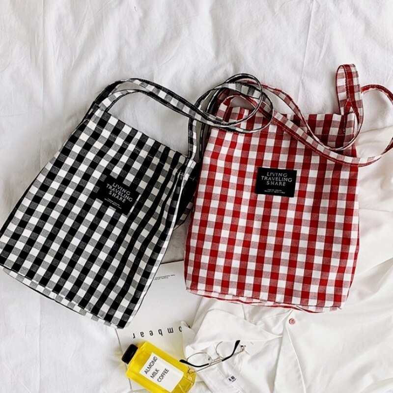 Mode Duurzaam Vrouwen Student Katoen Linnen Enkele Schoudertas Shopping Tote Check Plaid Vrouwelijke Vlas Canvas Boodschappentassen