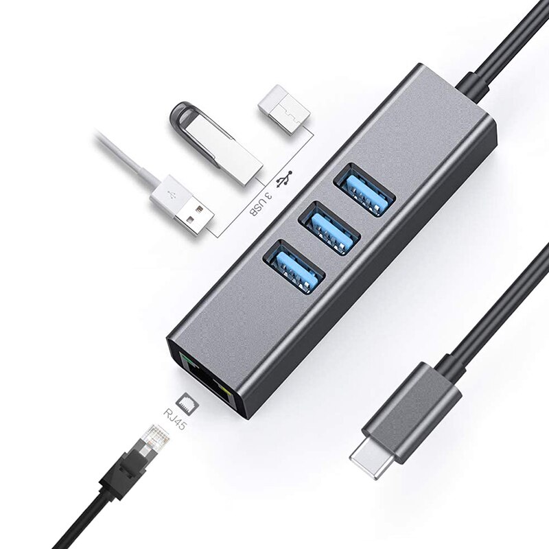 USB-C ao adaptador dos ethernet com porta 3 de usb, tipo cubo de c com rede rj45 ethernet m ultiport 4-em-1