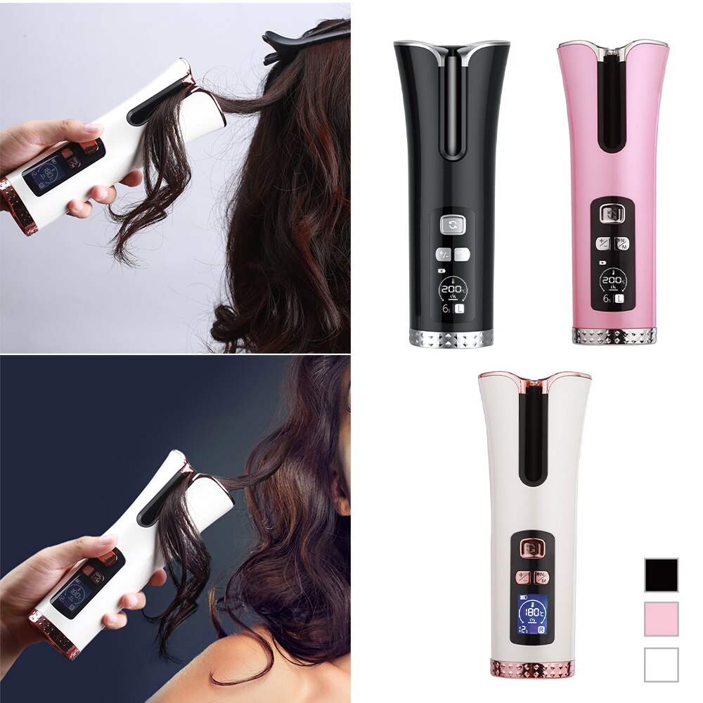 Rizador de pelo automático inalámbrico, rizador de aire recargable por USB para rizos y ondas, rizador rotatorio de cerámica con pantalla LCD