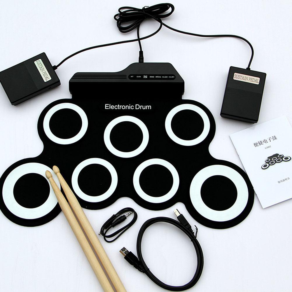Portable Electronic Drum Digital USB 7 Pads Roll up Drum Set Silicone Electric Drum Pad Kit with DrumSticks Foot Pedal