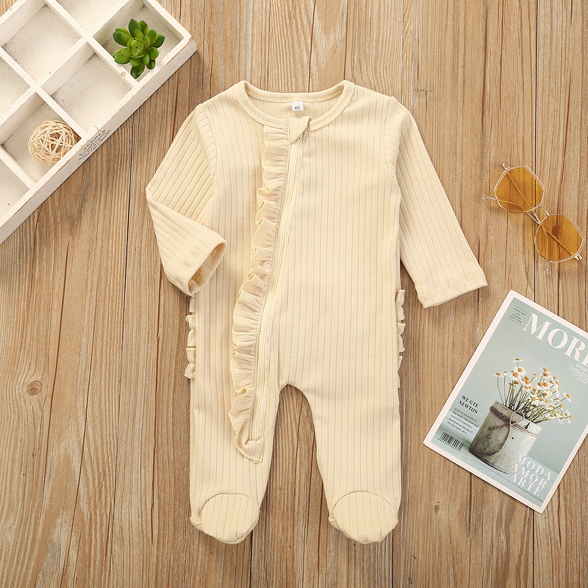 Citgeett Autumn Solid Newborn One-piece Footies Pajamas Infant Long Sleeve Round Neck Ruffle Nightclothes