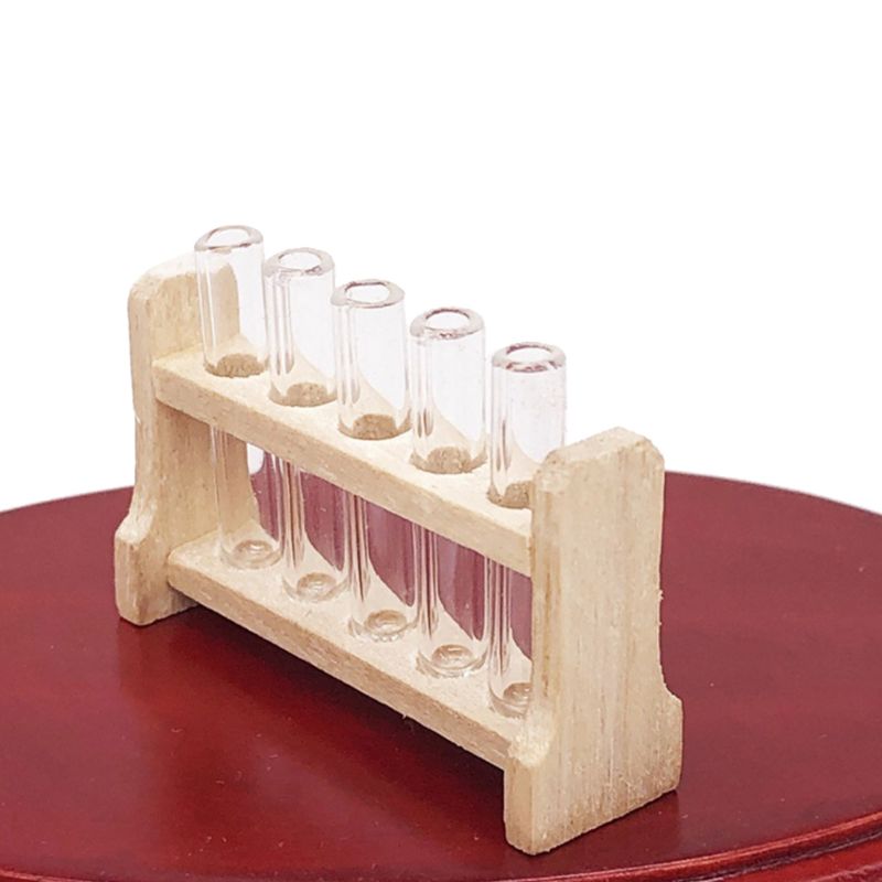 5 stks/set Laboratorium Glasreageerbuizen met Houten Rek Set 1:12 Dollhouse Miniatuur Accessoire Ornament