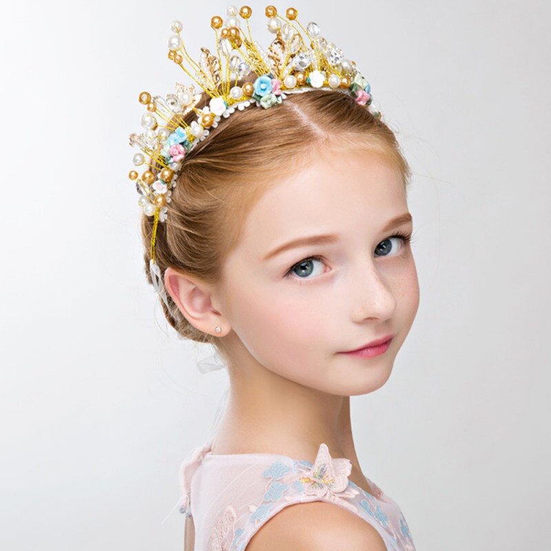 Children\'s Crown Headdress Princess Girls Crown Headband Cute Crown Crystal Flower Wedding Party Accessories Photography Props: D