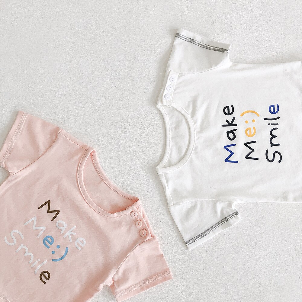 Summer Newborn Tops Baby Girls White T Shirts Korean Style Toddler Short Sleeve Cotton Smile Tees 0-2Y Infant Baby Clothes