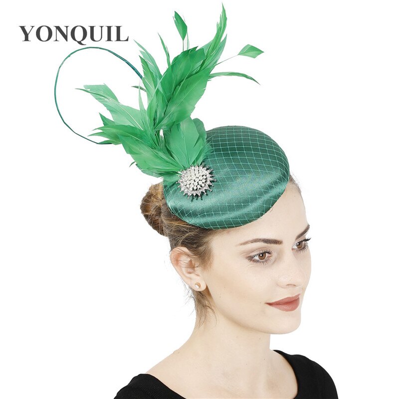 Satin Green Wedding Fascinator Hat Bridal Headpiece With Fancy Feather Hair Accessories Formal Chuch Occasion