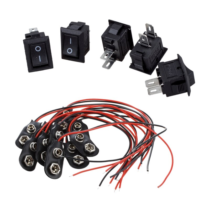 5 x ac 250v 3a 2 pinos de ligar/desligar i/o spst snap em mini barco interruptor de balancim & 10 pces pp3 mn1604 9v 9 suporte da bateria clipe snap on connect: Default Title