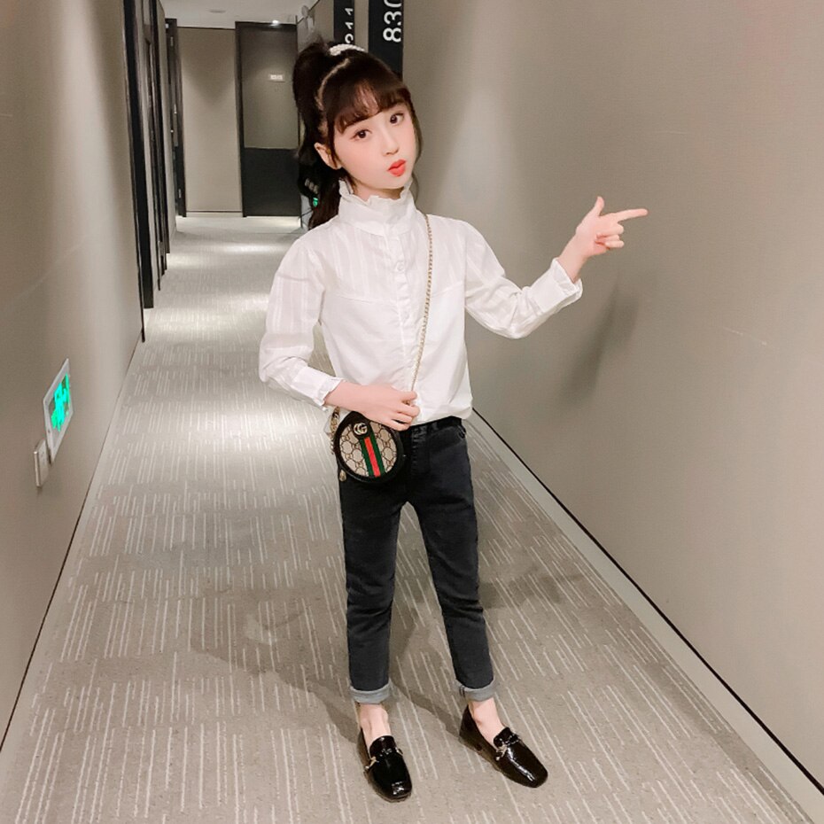 Meisjes witte blouse effen kleur meisjes school shirts coltrui kindershirt voor meisjes tienerkleding voor meisjes