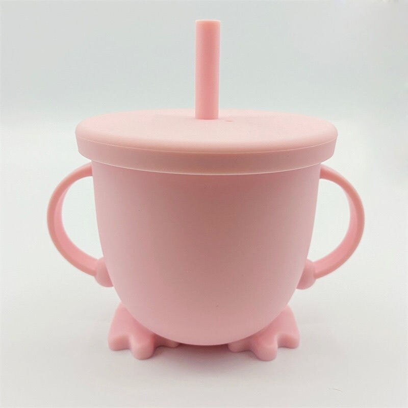 Taza de beber de paja de silicona para niños, vaso de entrenamiento infantil a prueba de salpicaduras y antideslizante, sin BPA, irrompible: pink