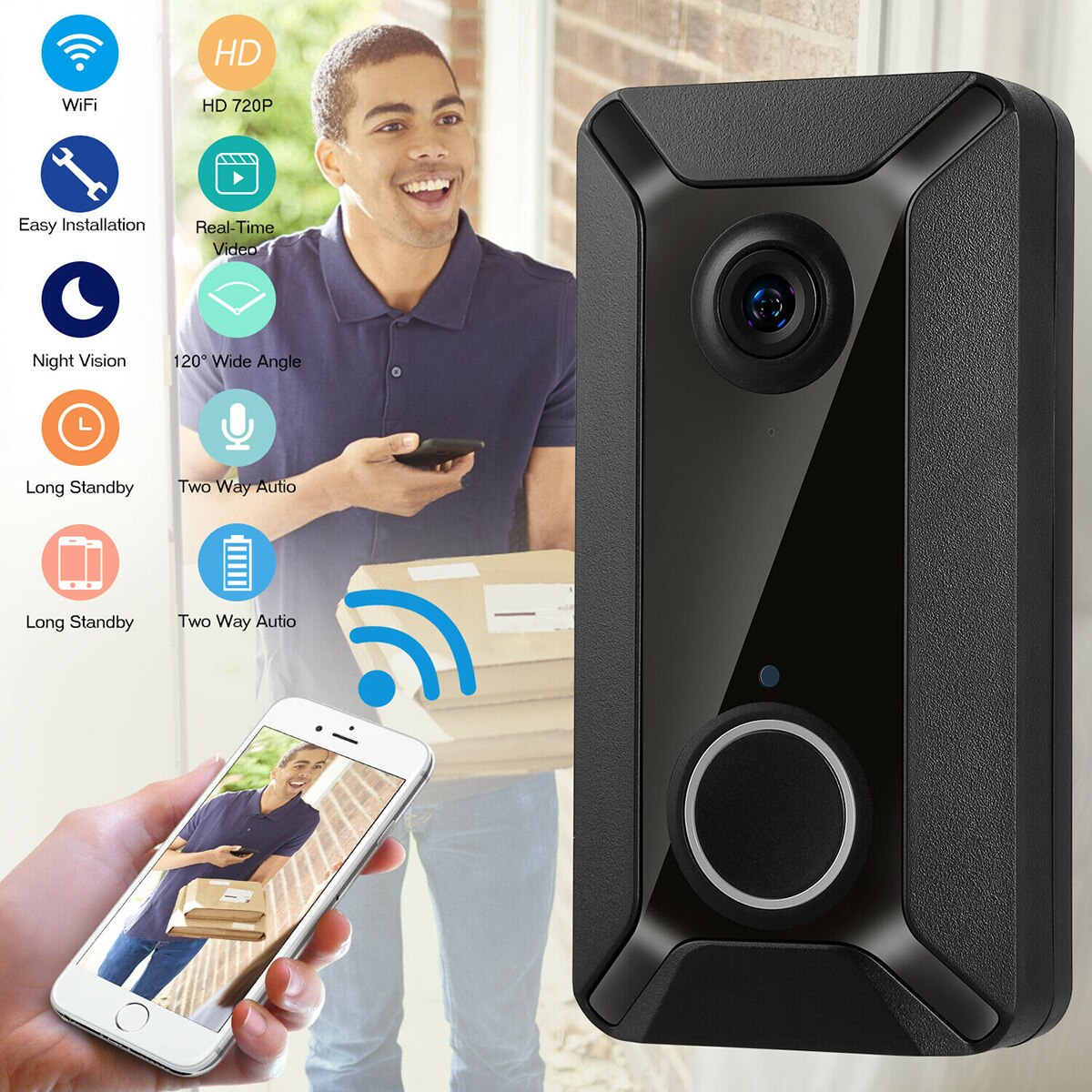 Sonnette d'interphone vidéo intelligente sans fil | Sonnette sans fil, Wi-Fi 720P HD PIR, sonnette S Support WiFi 2.4G