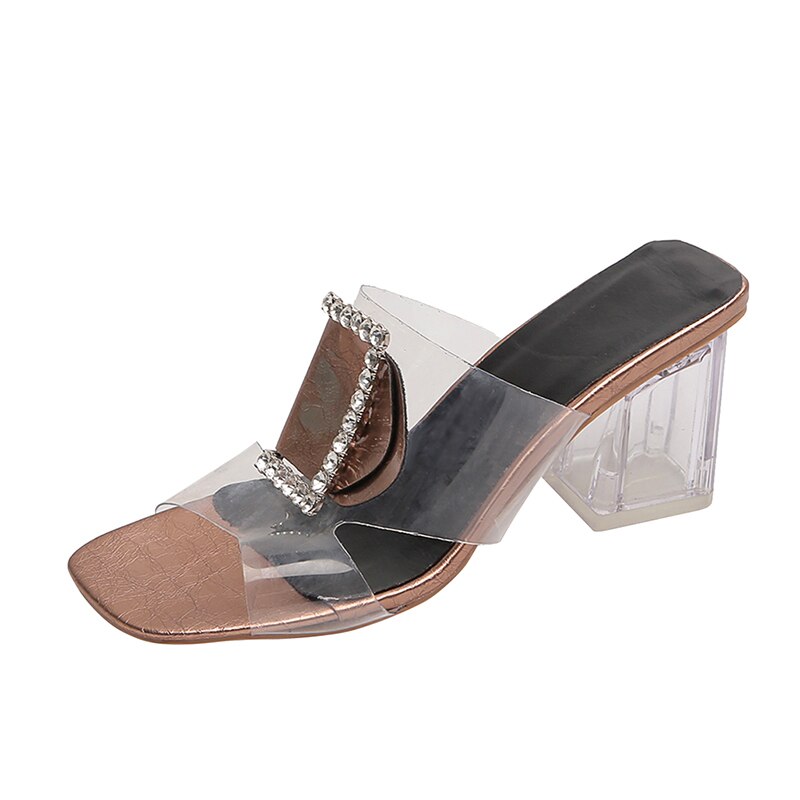 Sandalias de verano claras zapatos de mujer mulas hebilla de Metal deslizantes Peep Toe transparente cuadrado tacones altos zapatos femeninos Y10272: xiangbin / 37