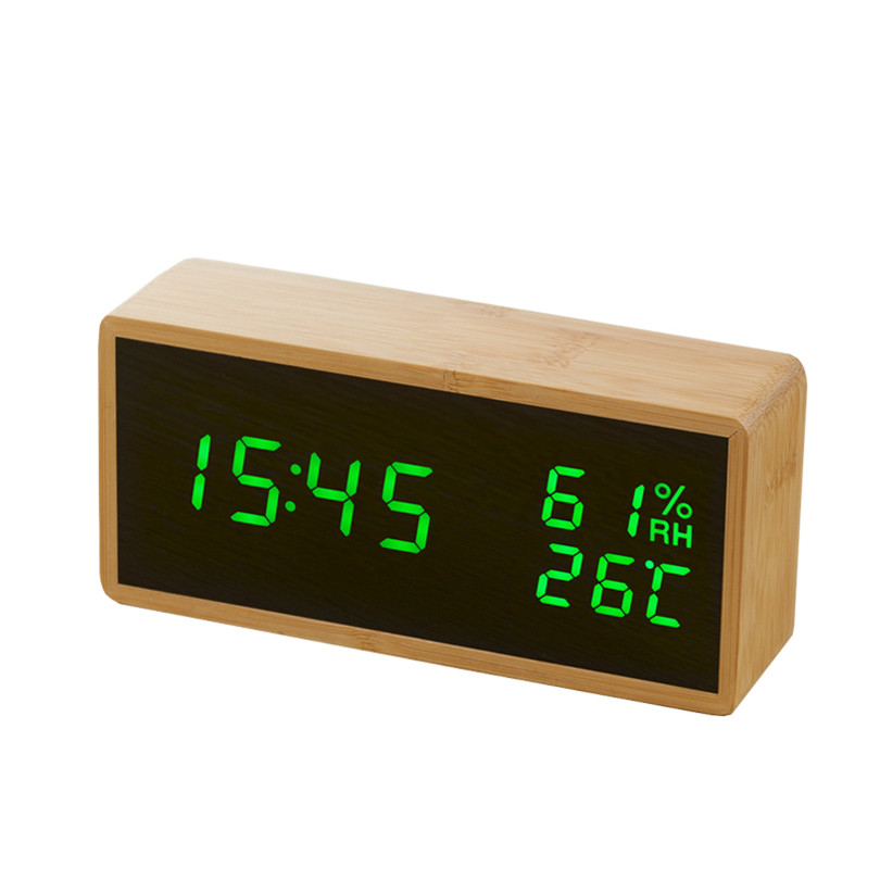 Modern Sound Control LED Alarm Clock Wooden Watch Despertador Temperature Humidity Electronic Desktop Digital Table Clocks: GreenLED Alarm Clock
