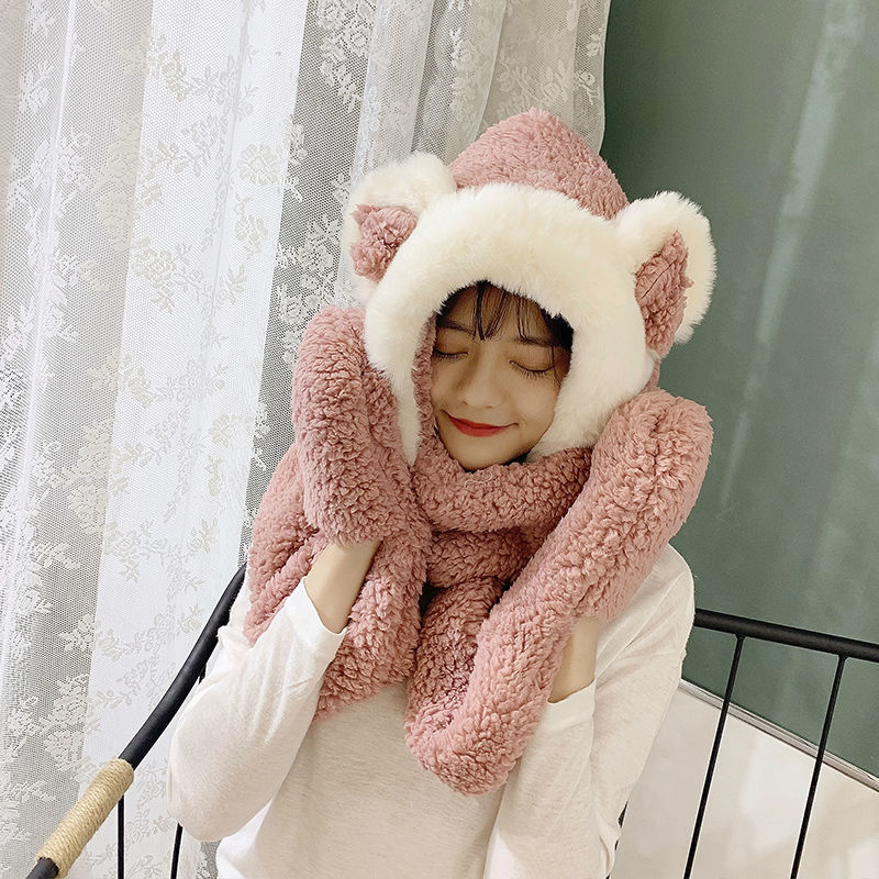 Baby Girls Mom Ears Hats Children Women Winter Warm Plush Winter Scarf Caps Gloves Cute Kids Cute Bunny Funny Hats Cap: Adult-Leather Red