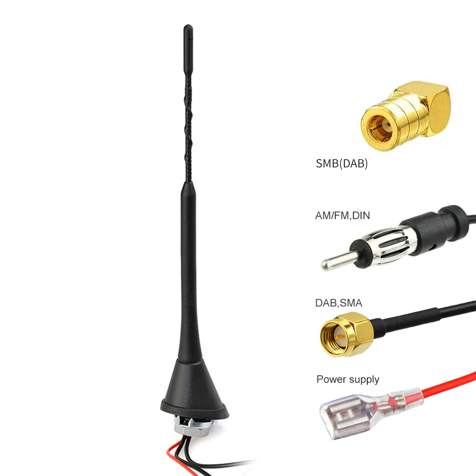Aktiv dab/dab-antenne digitalradio fm/am stasjonsvogn takantenne med smb/sma-plugg din-adapter bilradio kjøretøysplitter