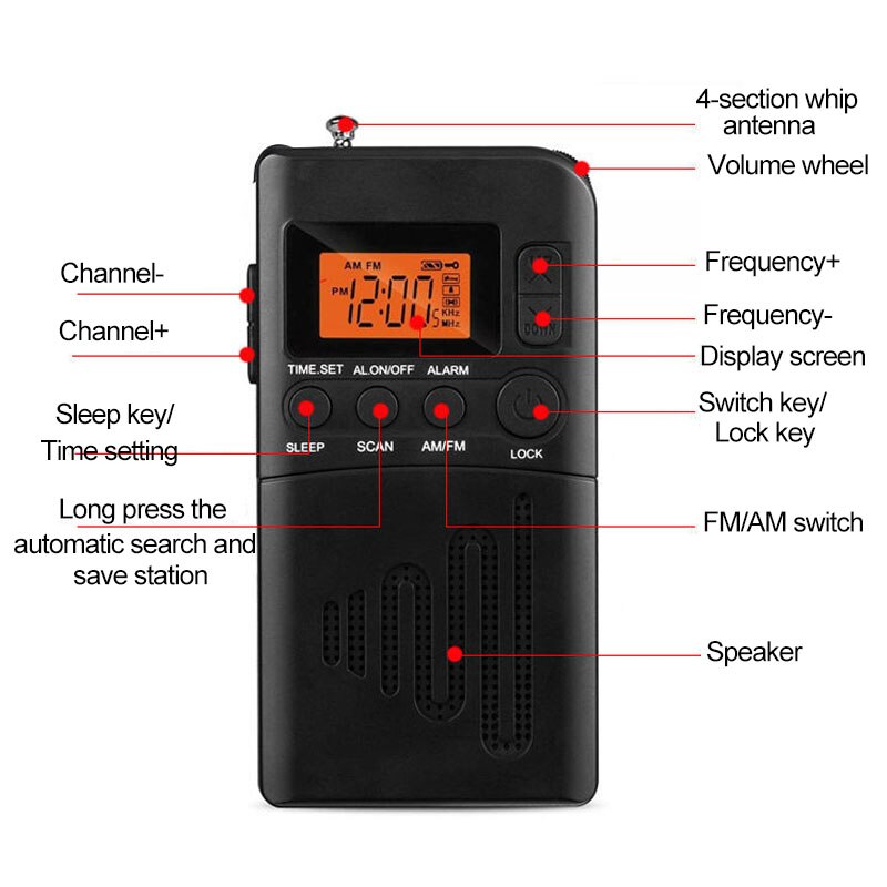 Mini Radio FM AM portátil con pantalla Digital LCD, altavoz de Radio con conector para auriculares de 3,5mm, 2 pilas AAA, fuente de alimentación (no incluidas)