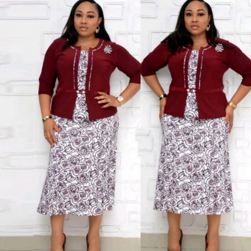 Plus Size Africa Dresses 2 Piece Set Coat Jacket And Dress OL Suit Spring Floral Print Maxi Dress African Outfit: Burgundy / XL