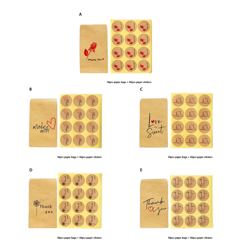 50pcs Kraft Paper Bag with 60pcs Thank You Round Label Stickers for Candy Package Bags Wedding Party Favors Suplies