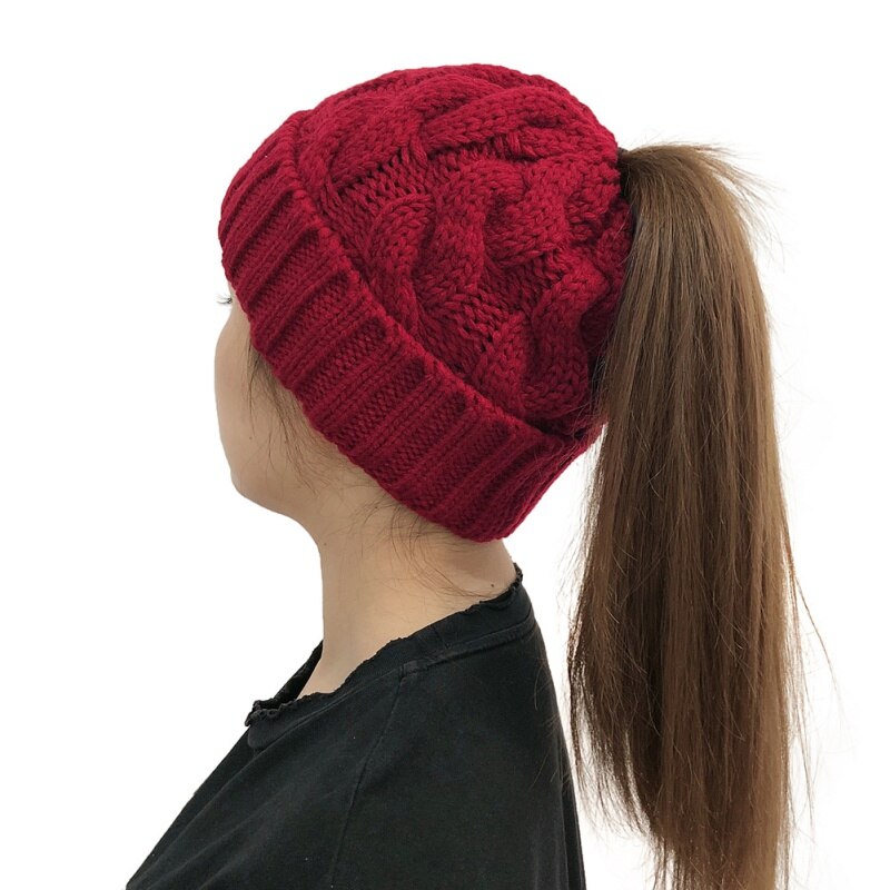 Hat autumn and winter woman knit warm innocent bonnet ponytail warm hat roll adjustable wool thick solid color