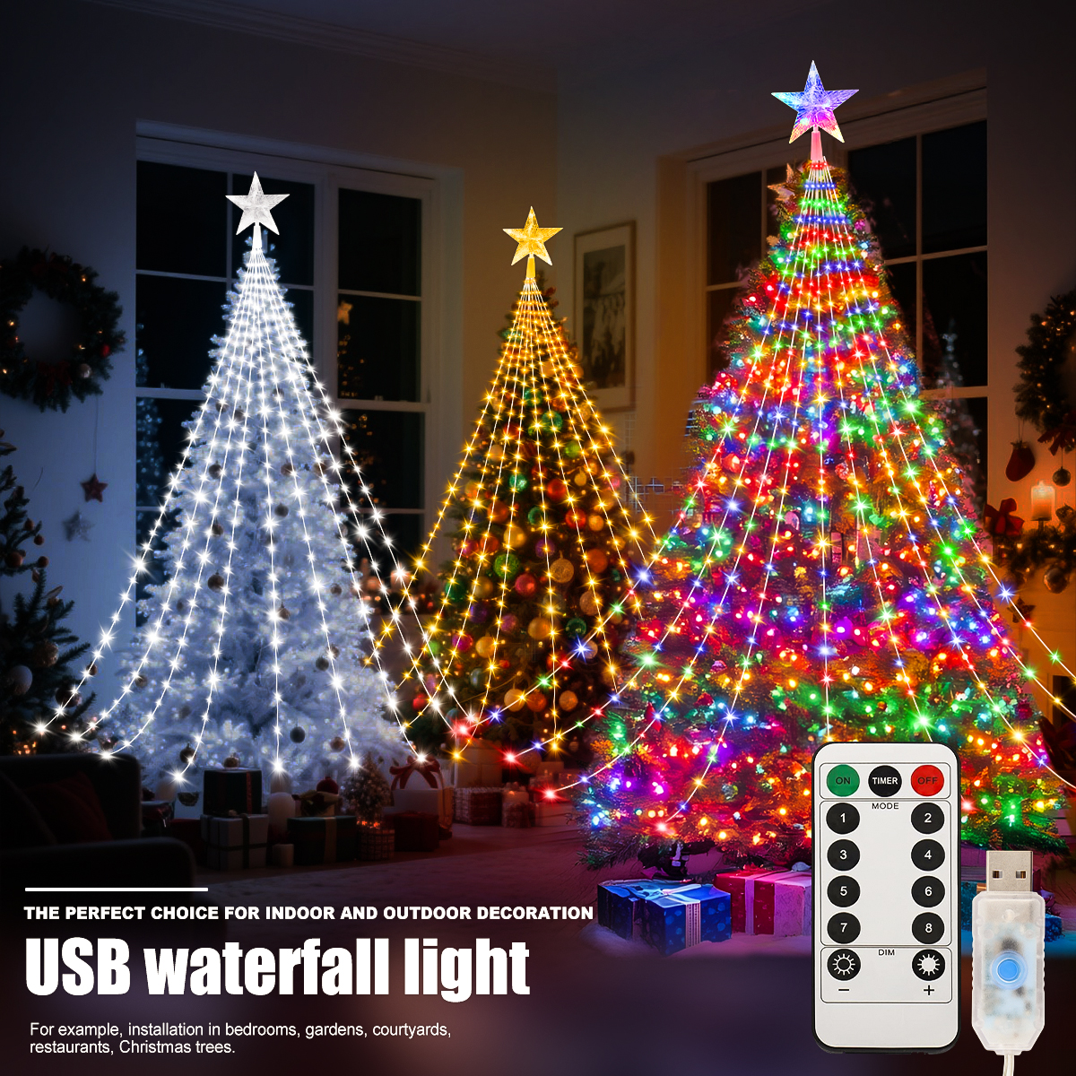 Luces de hadas alimentadas por USB, lámpara de cascada de Navidad impermeable de 280LED, 8 modos de iluminación para decoraciones de árboles de boda de dormitorio interior